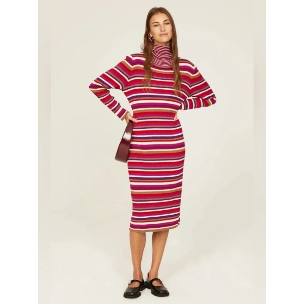 Lisa Says Gah XS/S Hibiscus Stripe Virgine Long Sleeve Ribbed Midi Dress
